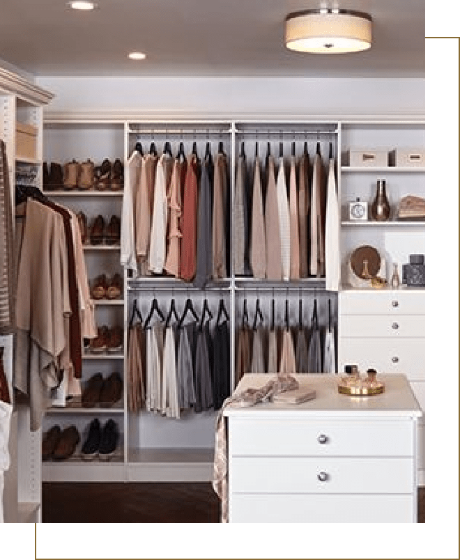 A closet full of clothes and shoes with Custom Closet Design.