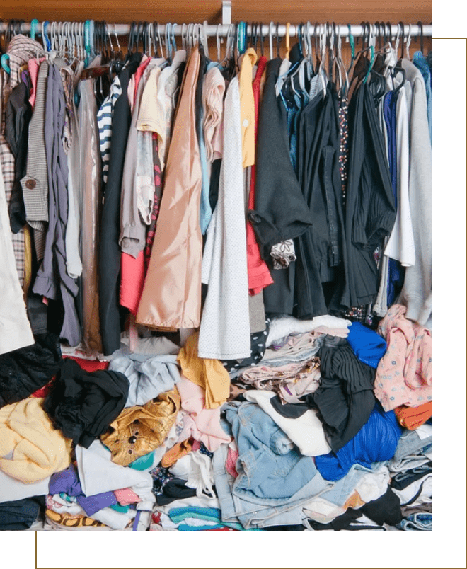 A closet with clothes crowded on hangers above and a large, disorganized pile of various clothing items on the shelf below, creating a cluttered appearance. A closet with clothes crowded on hangers above and a large, disorganized pile of various clothing items on the shelf below, creating a cluttered appearance.